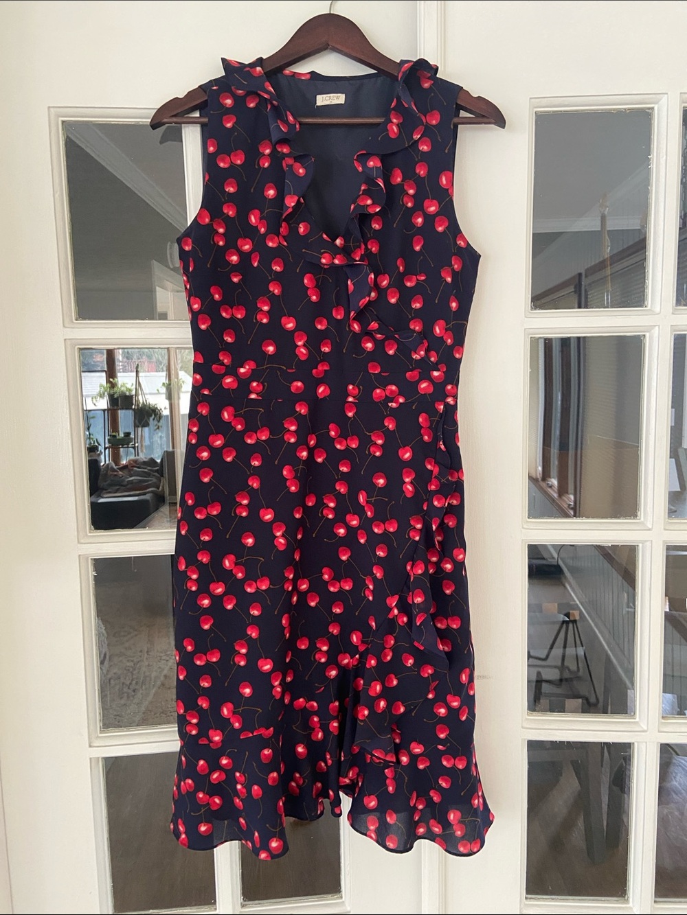 J. Crew Navy Sleeveless Cherry-Print Ruffle Knee Length Dress